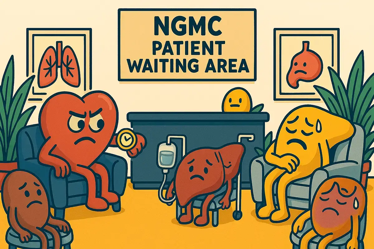 Cartoon illustration of human organs sitting in a hospital waiting room. The heart looks impatient, the liver appears exhausted, and the stomach and kidneys seem worried. The scene humorously portrays organs waiting for treatment, capturing The Anatomy Network’s mix of medical satire and personality